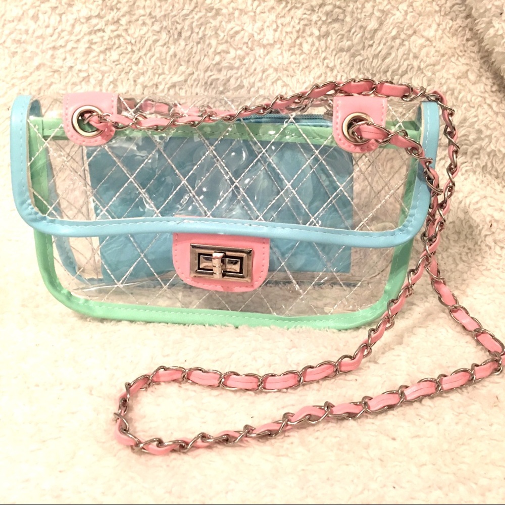 CLEAR OR TRANSPARENT WITH PINK & MINT TRIM HANDBAG - Picture 4 of 8